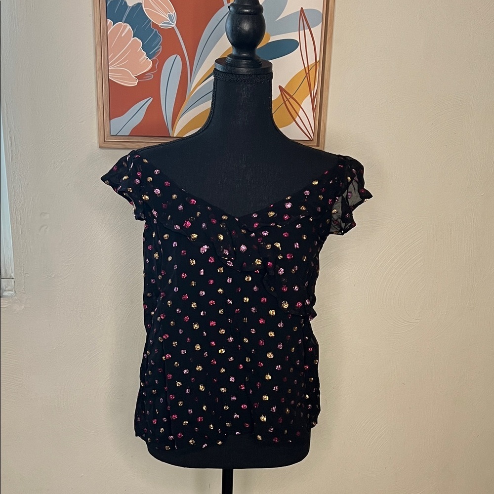 LOFT Shimmer Polka Dot Ruffle Top Size S NEW